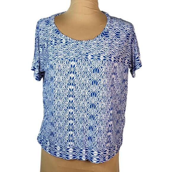 OLD NAVY Aztec Print Round Neck Short Sleeve T-Shirt Blue and White Size Medium - Picture 1 of 11